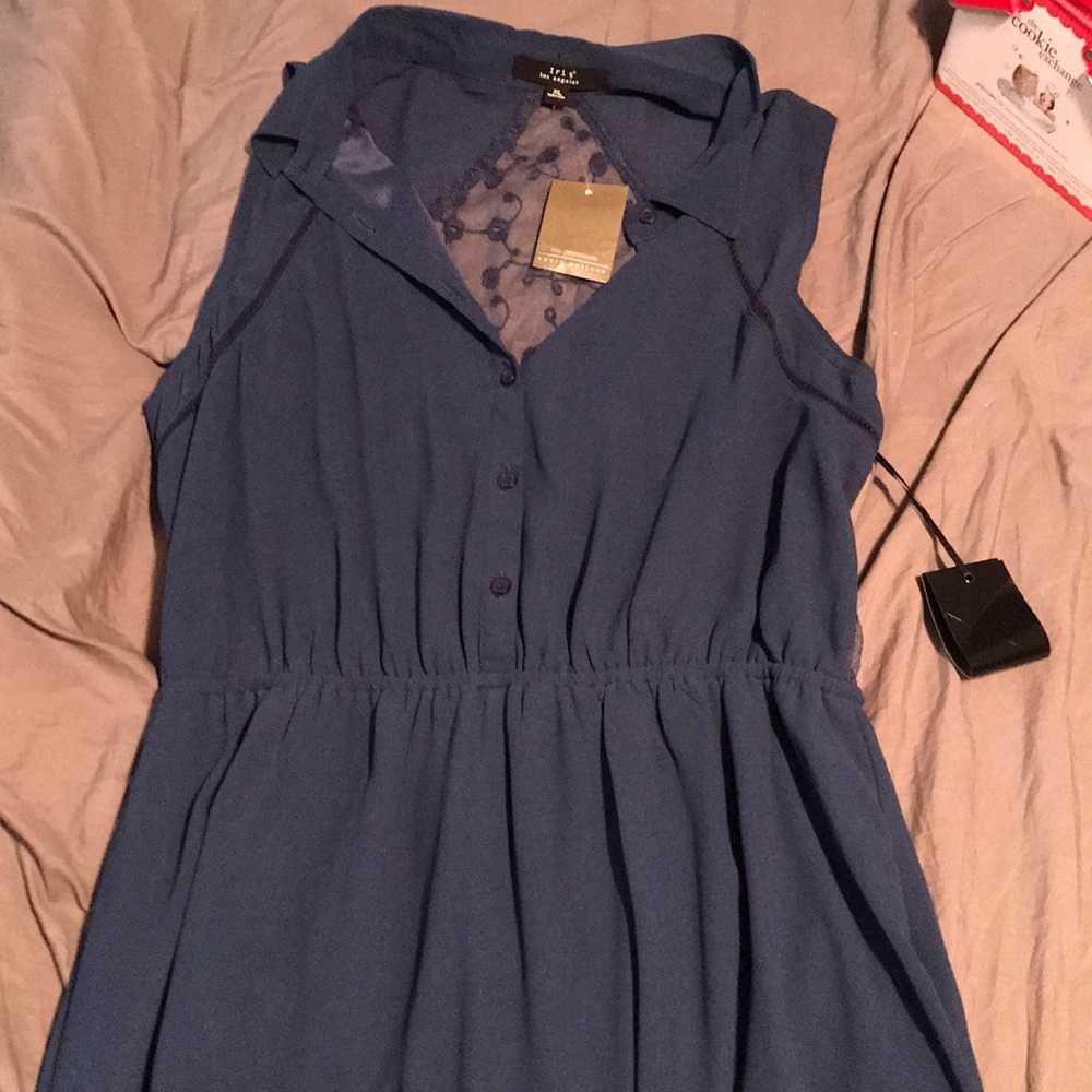 Long blue dress w/ collar.